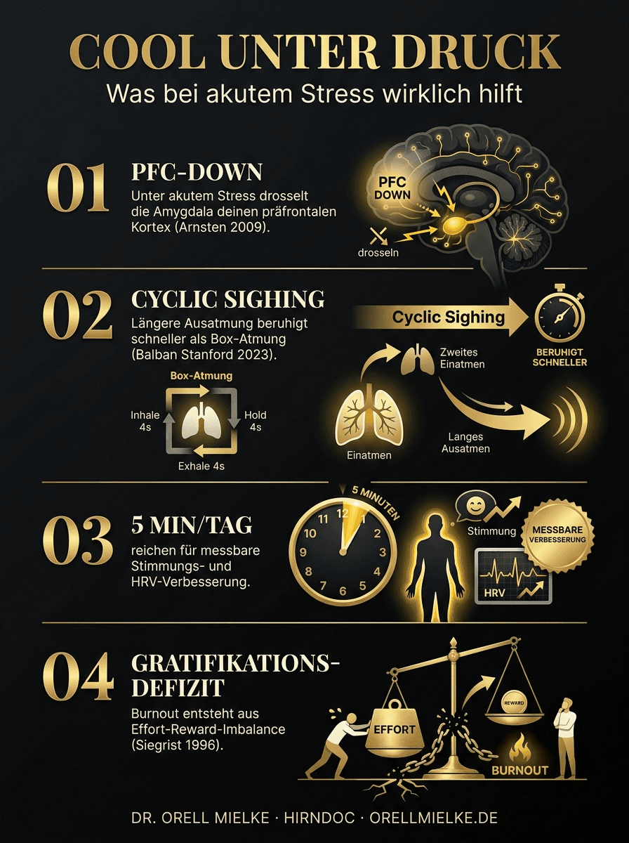 Infografik Cool unter Druck: PFC-Down unter Stress, Cyclic Sighing schlägt Box-Atmung, 5 Min/Tag wirken, Burnout = Gratifikationsdefizit