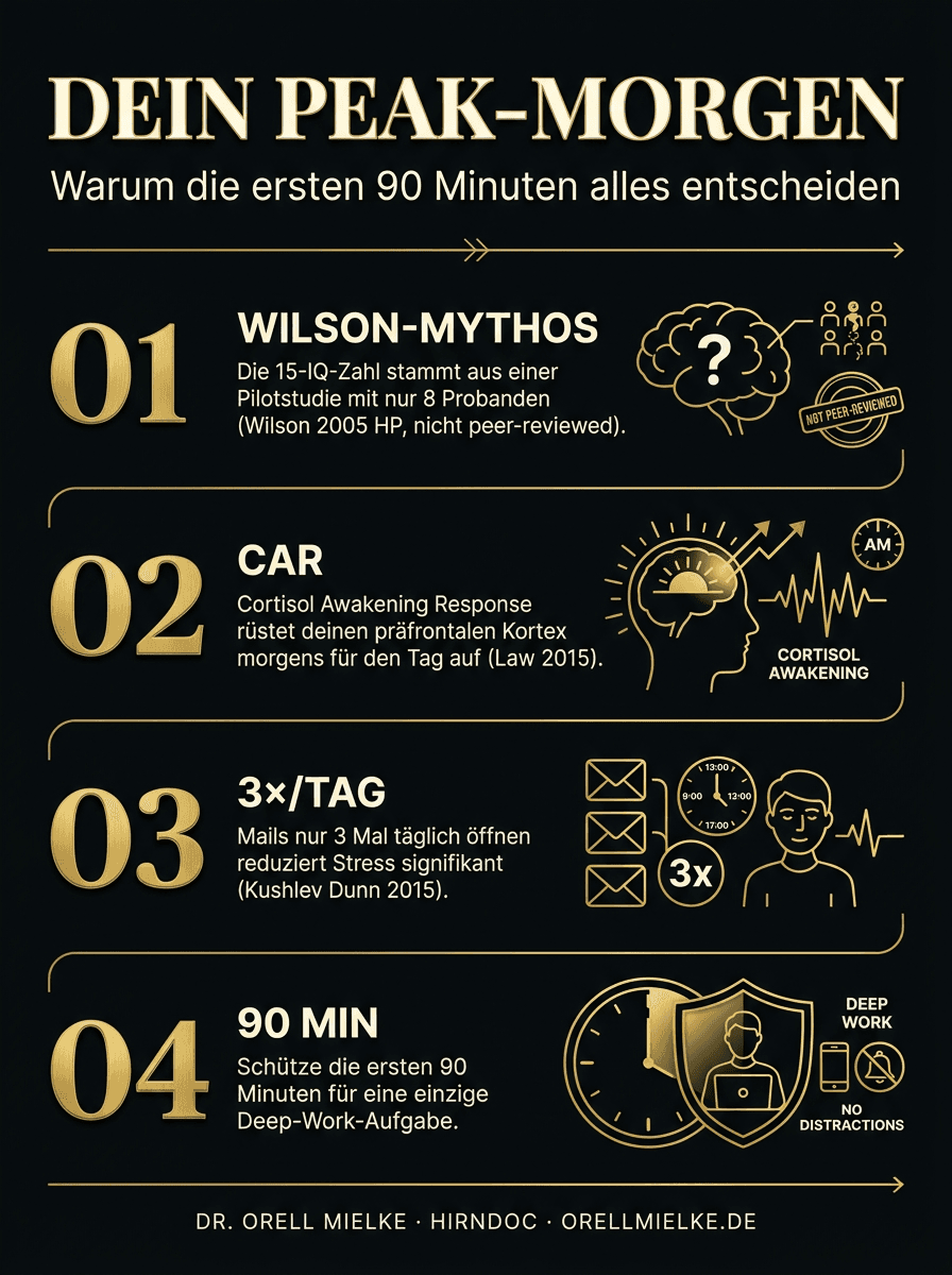 Infografik Peak-Morgen: Wilson-Mythos eingeordnet, Cortisol Awakening Response, 3x/Tag Mail-Slots, 90 Min Deep Work.