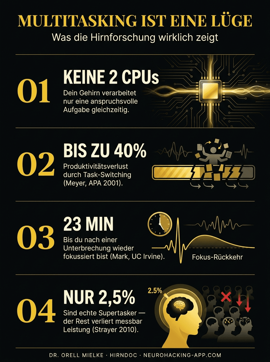Infografik: Multitasking ist eine Lüge. 1) Keine zwei CPUs im Gehirn. 2) Bis zu 40 % Produktivitätsverlust. 3) 23 Min bis Refokus. 4) Nur 2,5 % sind Supertasker.