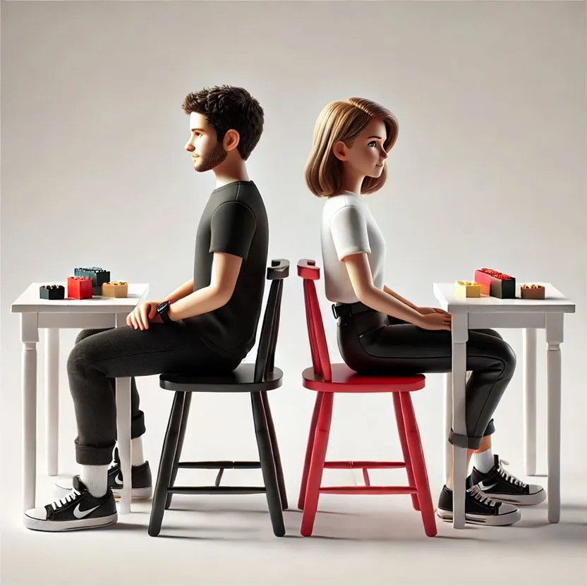 Lego-Kommunikationsübung: zwei Personen Rücken an Rücken bauen ein identisches Modell