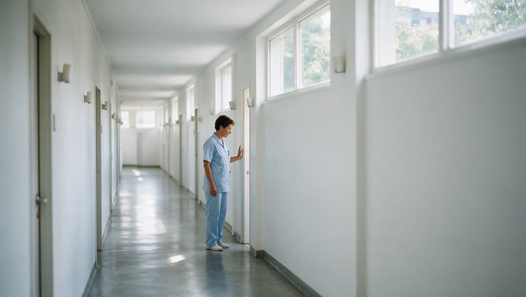Eine Pflegekraft haelt in einem leeren Klinikflur einen Moment inne.
