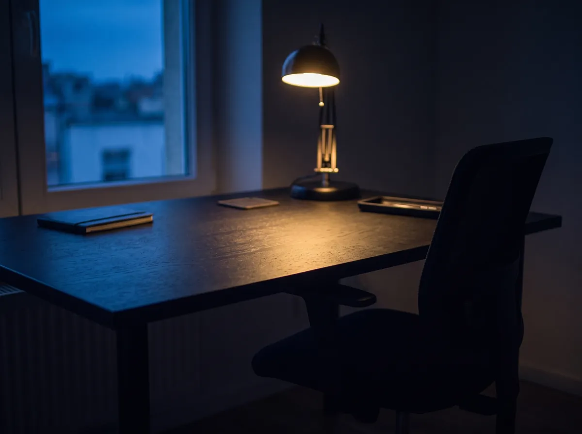 Ein leerer Schreibtischstuhl am Abend, die Lampe auf dem Tisch brennt noch.