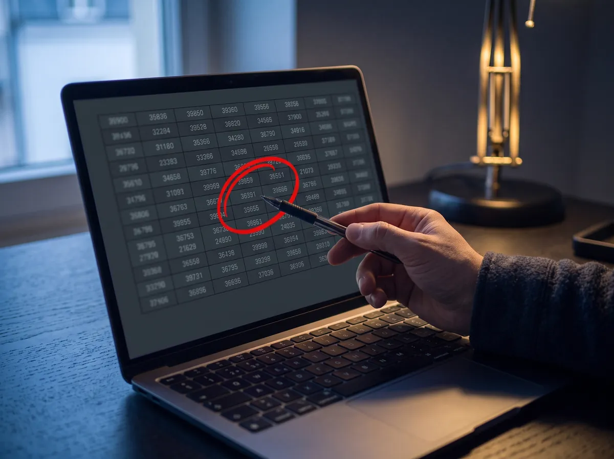 Ein Laptop mit einer Zahlentabelle, darin ein großer roter Kreis um eine Stelle, auf die eine Hand mit einem Stift zeigt.