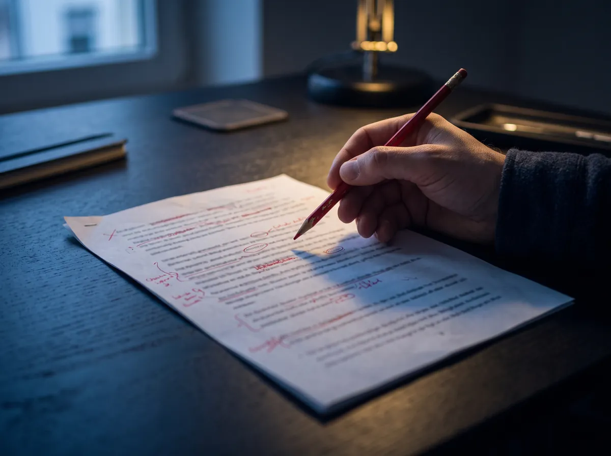 Eine Hand mit Rotstift über einem Ausdruck, der schon viele rote Korrekturen trägt.