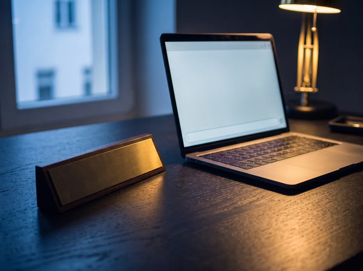 Ein leeres Namensschild halb im Schatten, dahinter ein aufgeklappter Laptop mit hellem, leerem Bildschirm.