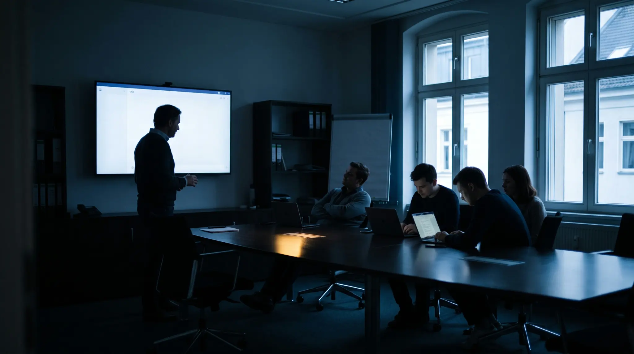 Besprechungsraum am Morgen in kaltem blauem Licht. Eine Führungskraft steht am Bildschirm, am langen Tisch lehnt sich einer mit verschränkten Armen zurück, zwei schauen in ihre Laptops.